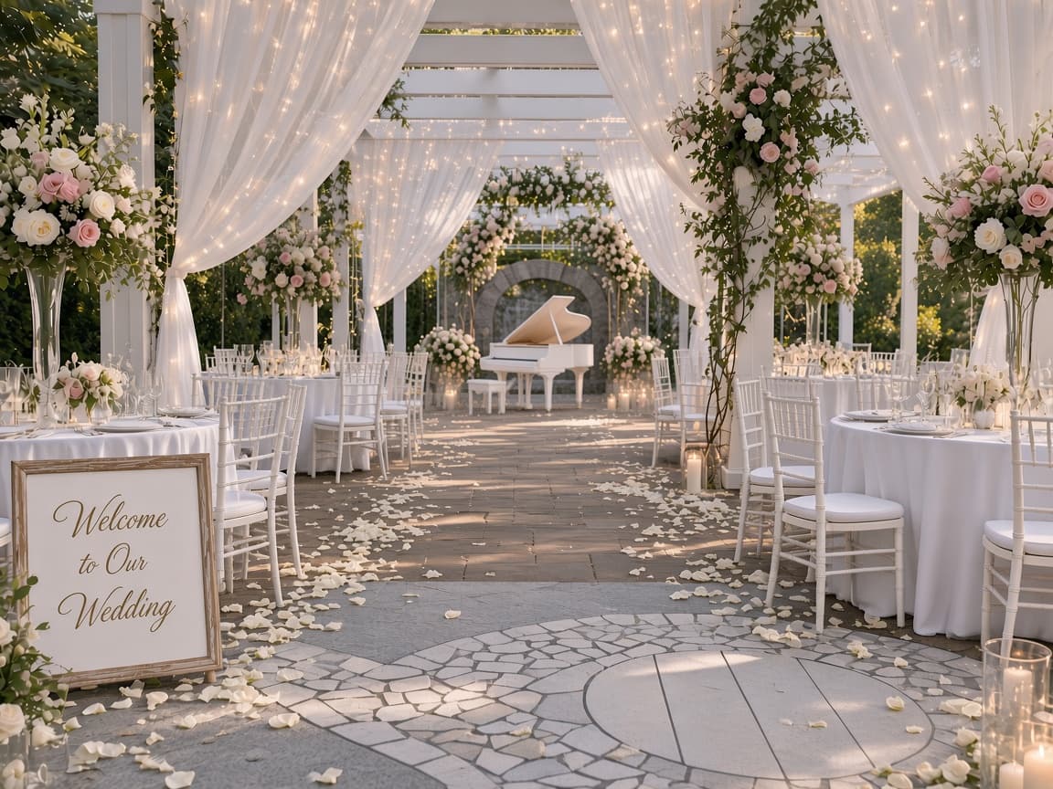 Wedding reception set beneath the pergola