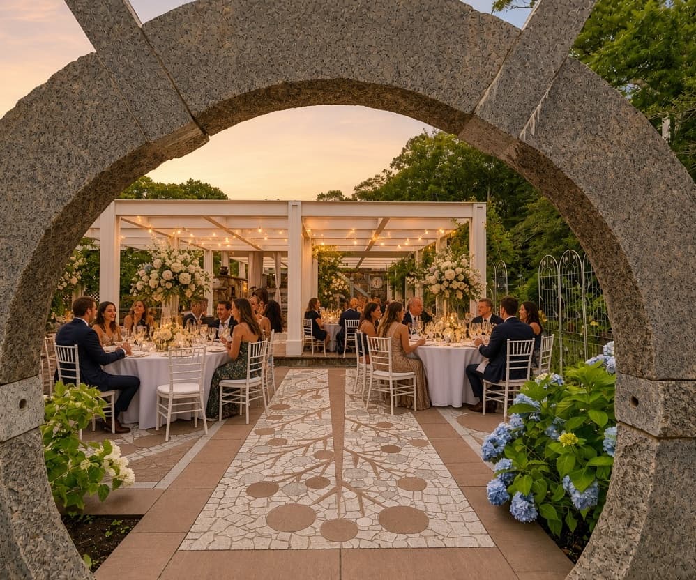 Evening cocktail reception through the stone moon-gate
